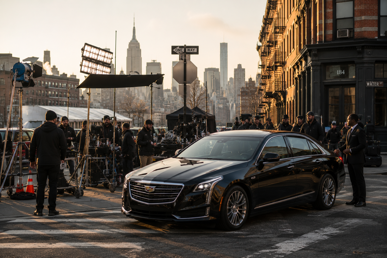 Black sedan parked near a film production set with crew members nearby