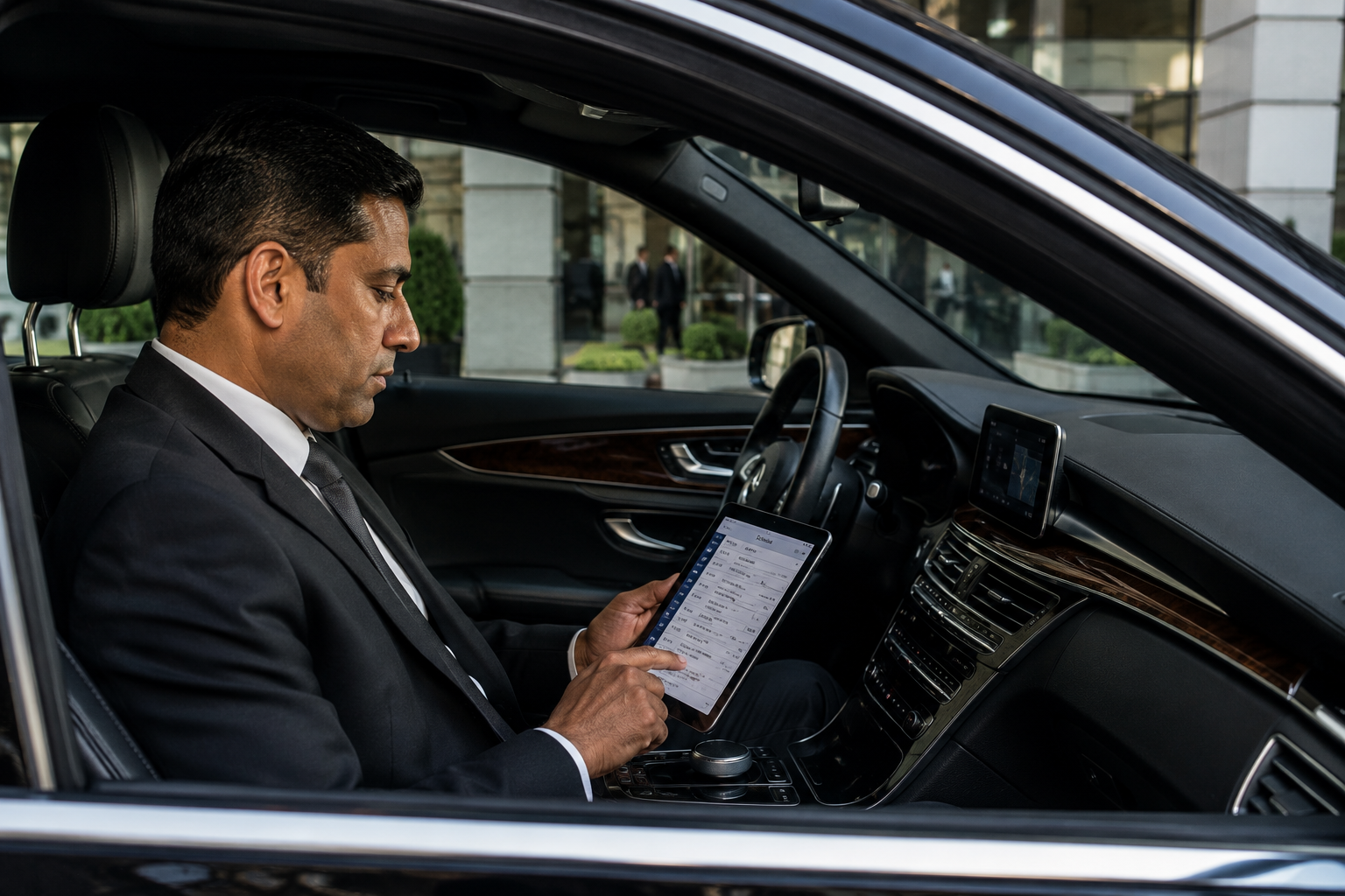 Chauffeur checking a schedule on a tablet inside a parked black sedan