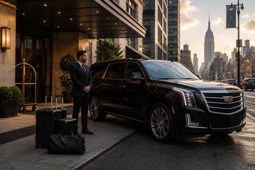 Luxury SUV and doorman at dawn