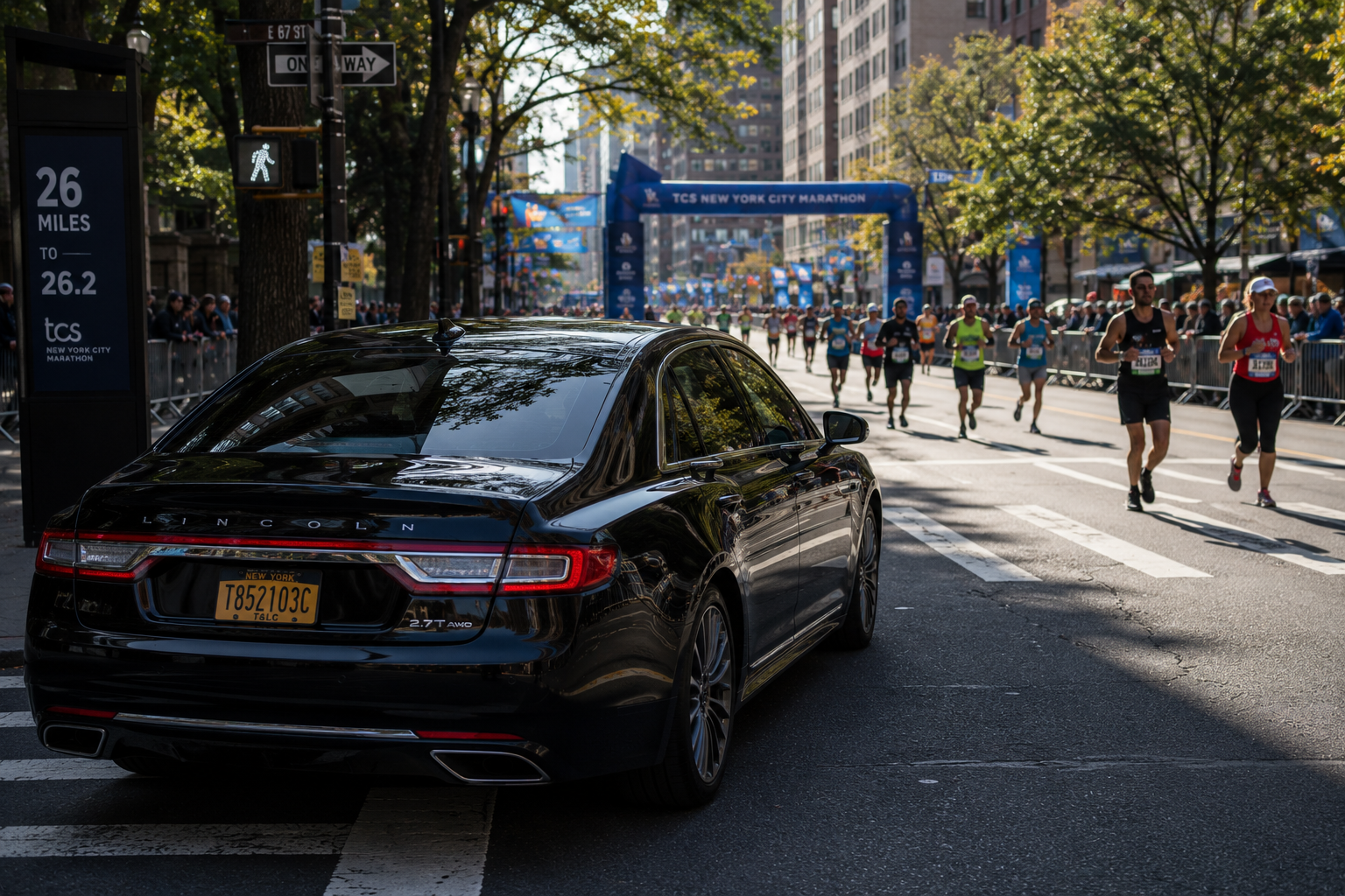 Black luxury sedan waiting near a closed-off marathon route with runners passing in the background