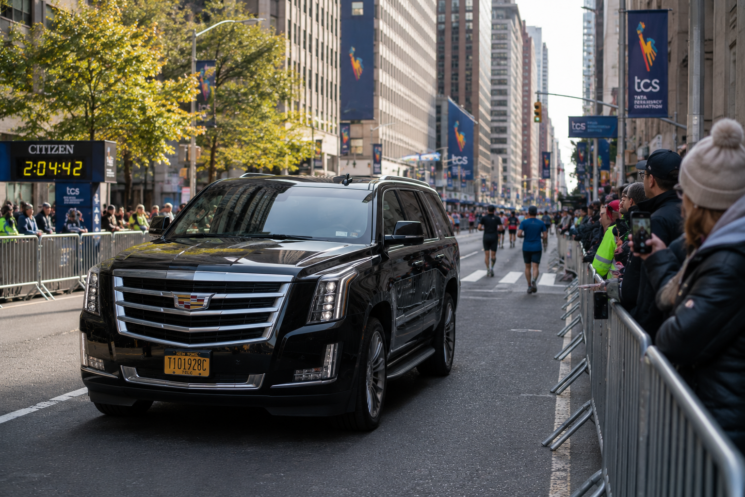 Black SUV navigating a street near race day crowd barriers