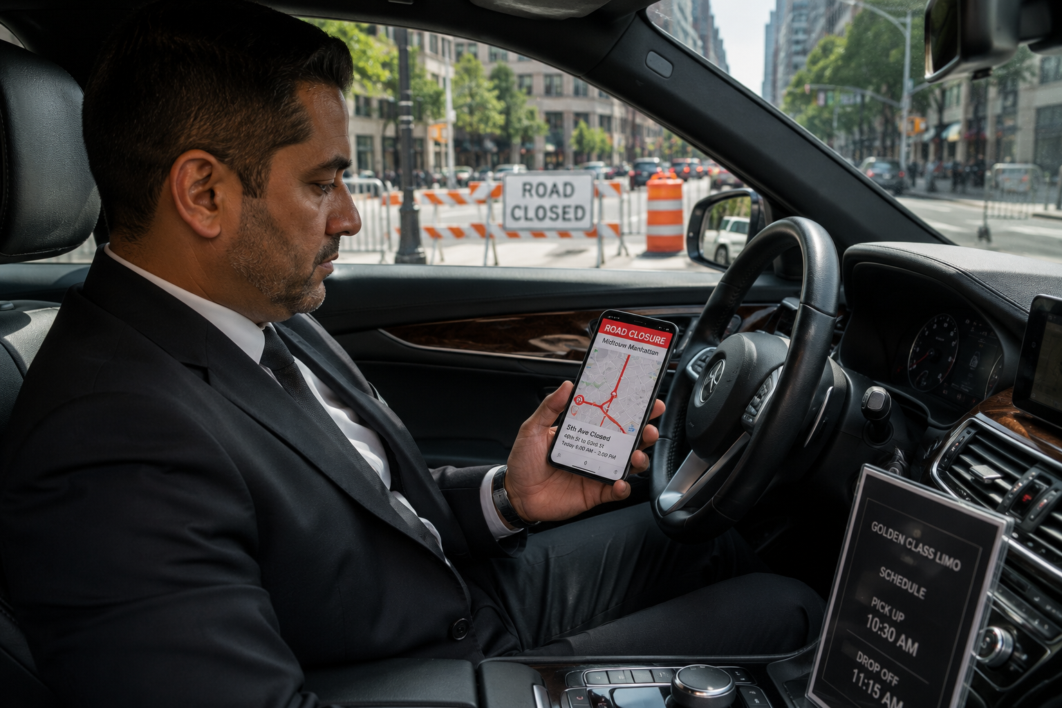 Chauffeur checking a phone with a road closure map inside a parked sedan