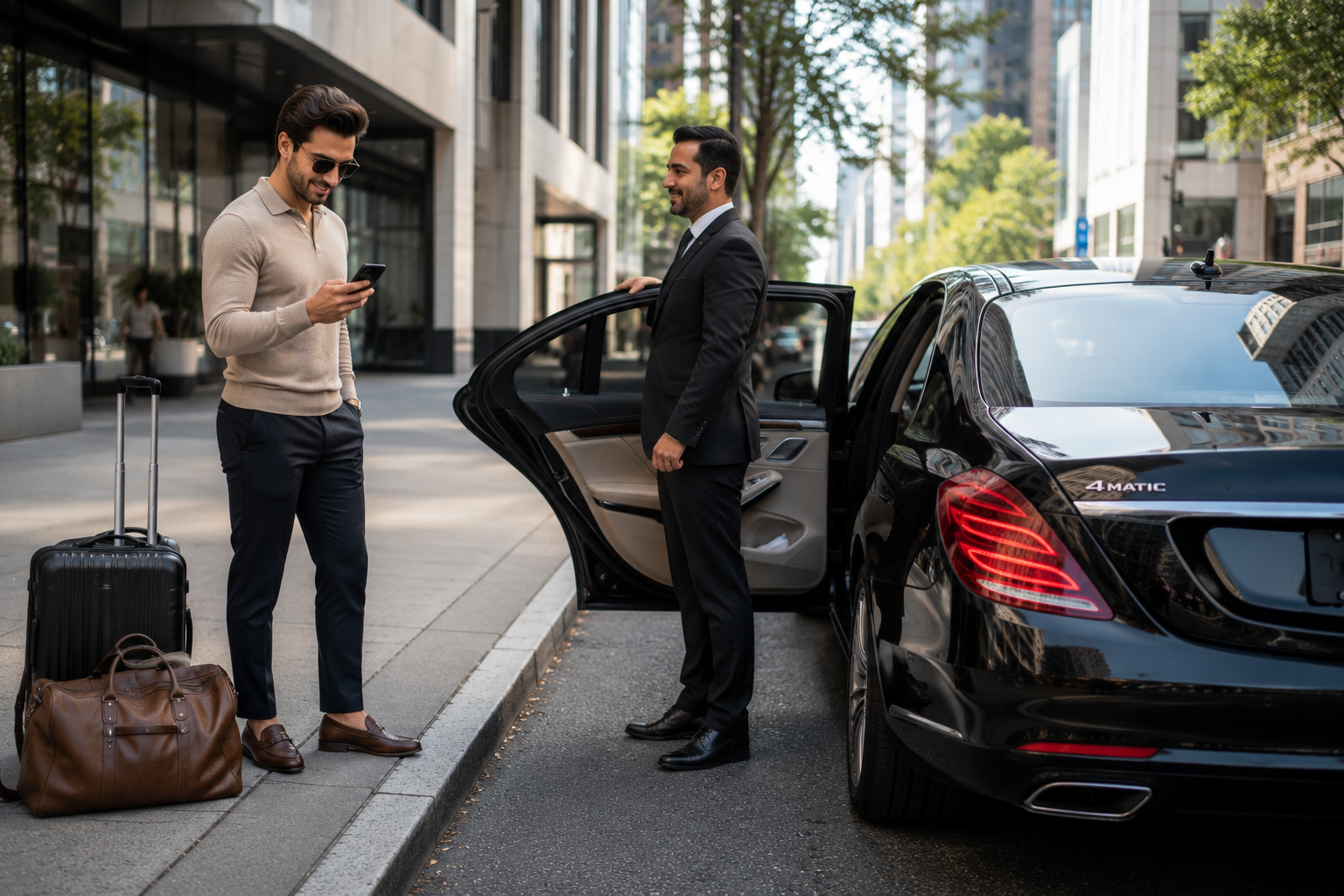 Person confidently checking their phone while a black sedan waits at the curb