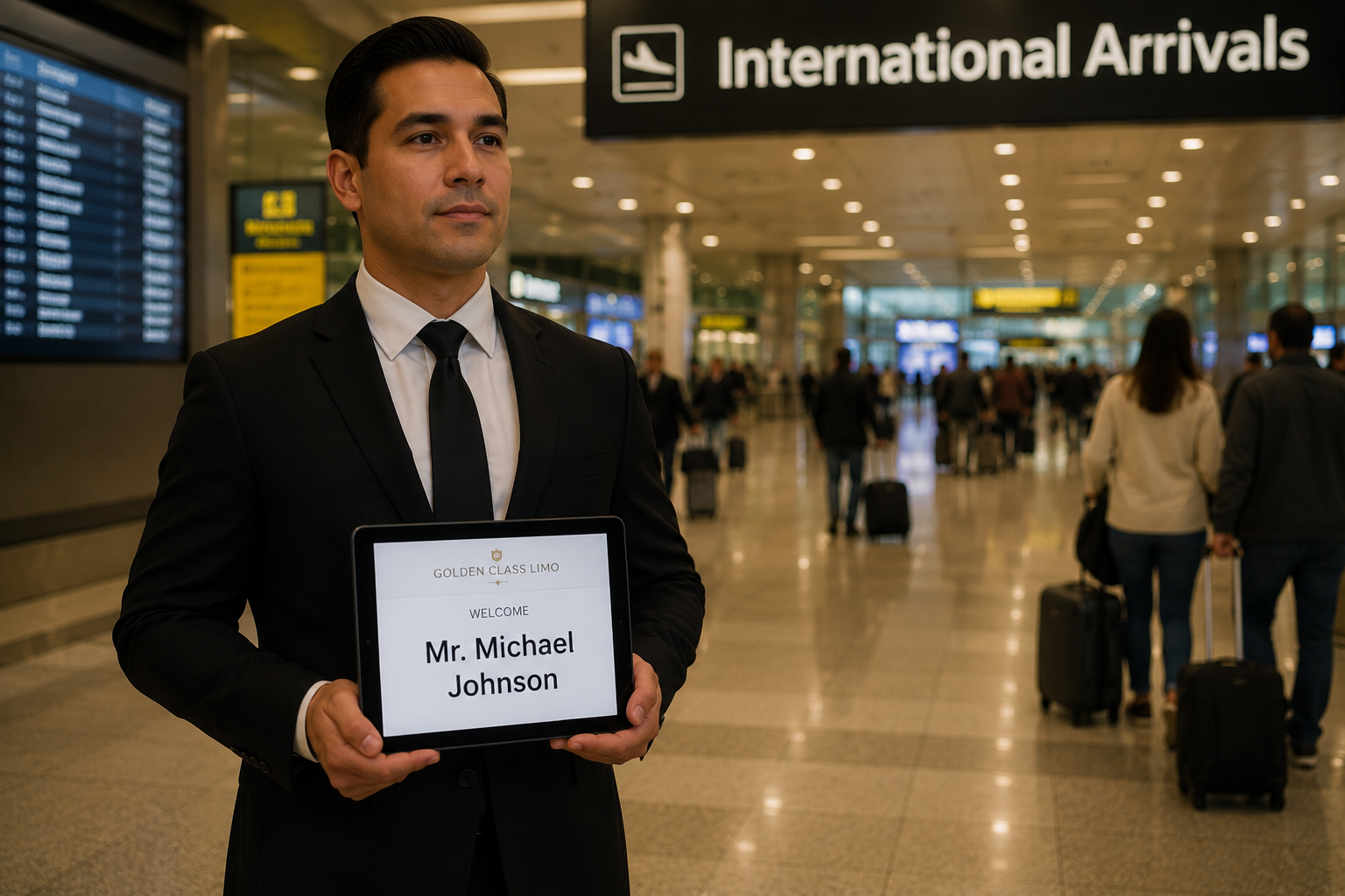 Chauffeur holding a tablet with a passenger name inside an airport arrivals hall