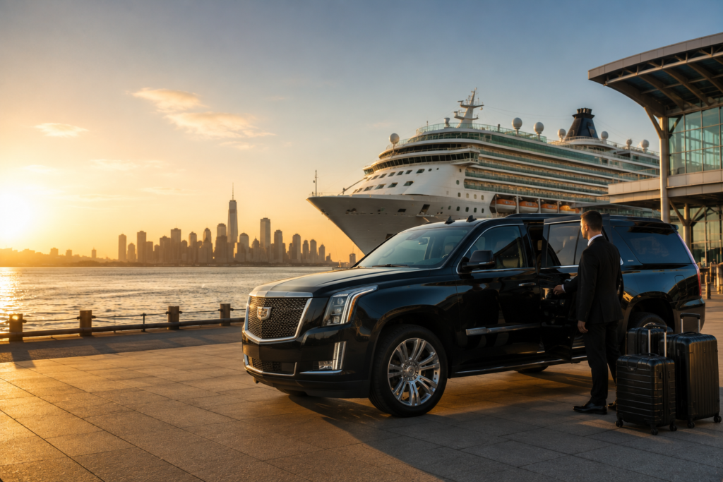 Luxury black Cadillac Escalade with a professional chauffeur and luggage outside the Manhattan Cruise Terminal, with a docked cruise ship and the New York City skyline at sunrise.