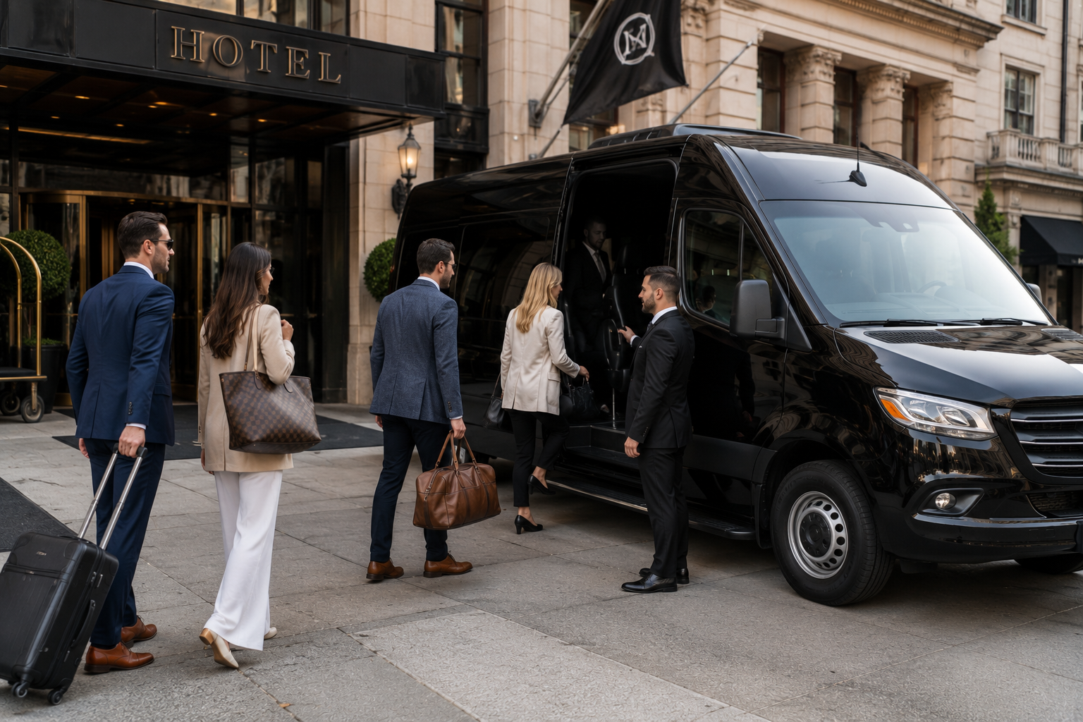 Group boarding a black Mercedes Sprinter van outside a Manhattan hotel