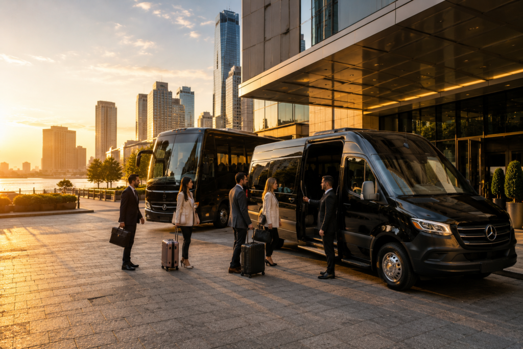 Luxury Mercedes Sprinter van and mini bus with chauffeur outside a Manhattan hotel preparing for group transportation in New York City.