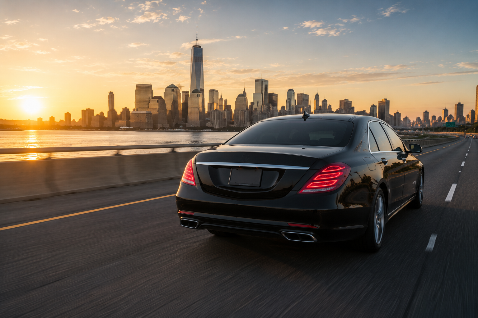 Black luxury sedan leaving New York City for a long-distance private transfer