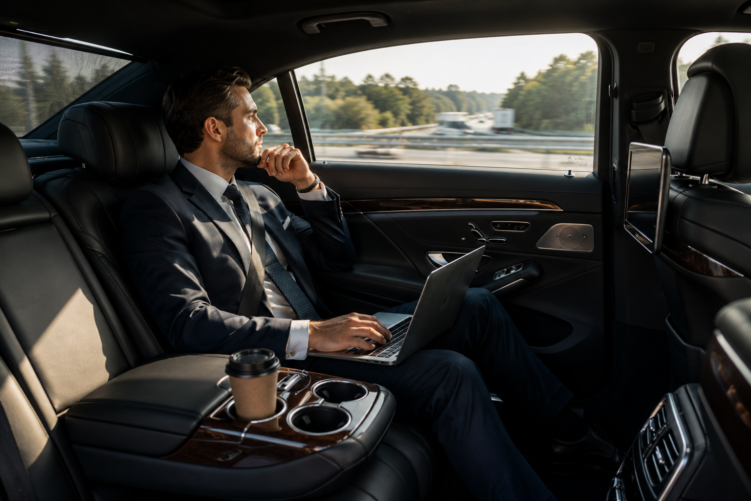 Business passenger relaxing in the rear seat of a luxury sedan during a long-distance highway journey