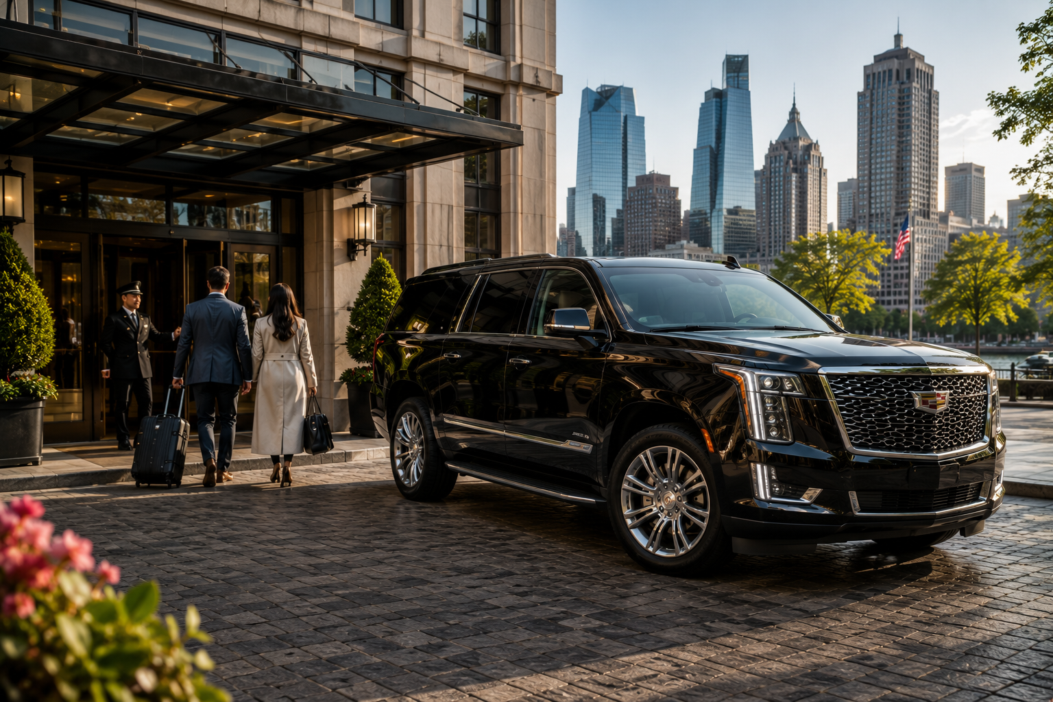 Black luxury SUV arriving outside an upscale hotel after a long-distance transfer from New York City