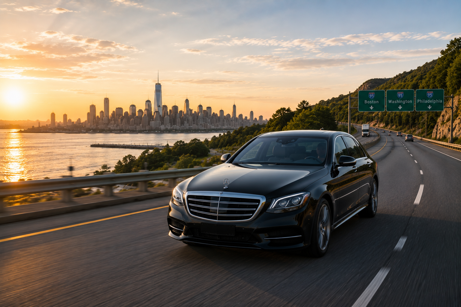 Luxury black Cadillac sedan driving on a scenic highway from New York City during sunset, representing premium long-distance private car service to destinations across the Northeast.