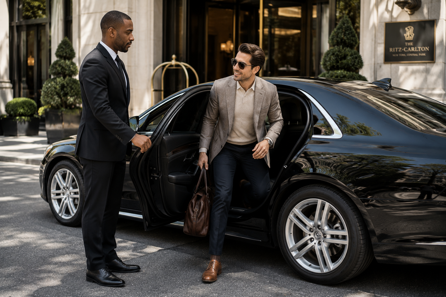 Passenger being helped out of a black sedan by a chauffeur at their destination
