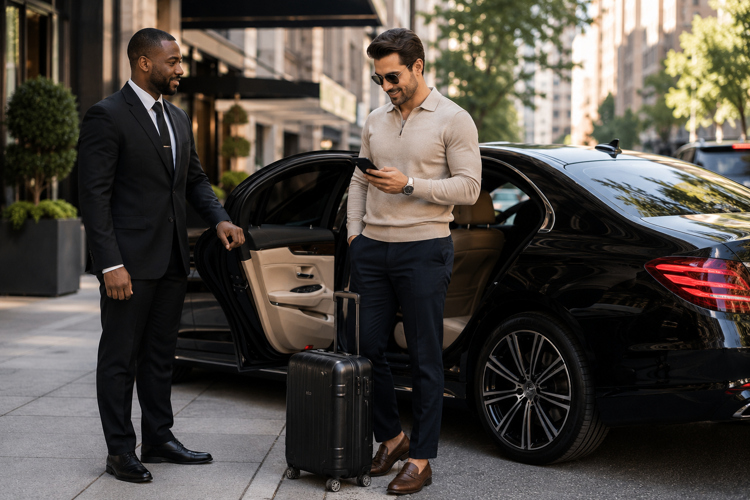 Professional chauffeur and stylish passenger in city